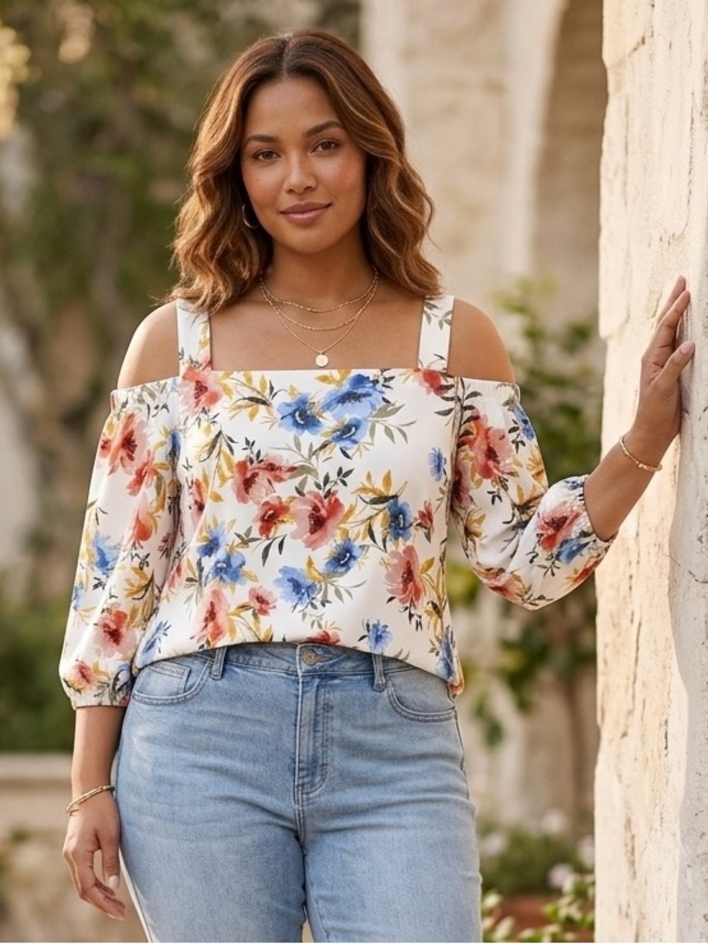 Lane Bryant White Floral Off-Shoulder Crop Top with Blue & Coral Flowers